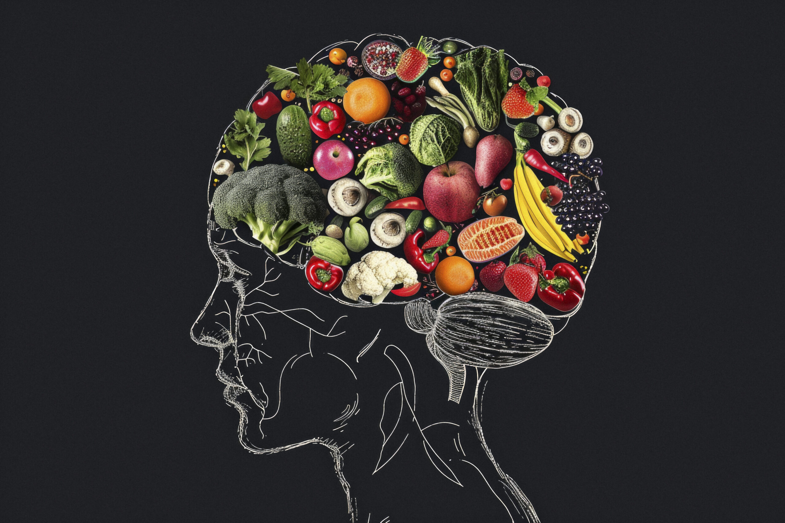 human brain with fruit and vegetables in the centre, in the style of concept art, exacting precision, lightbox, silhouette figures, --ar 3:2 --style raw --v 6 Job ID: da19bc7b-4d6d-4538-af62-433eb73919e5